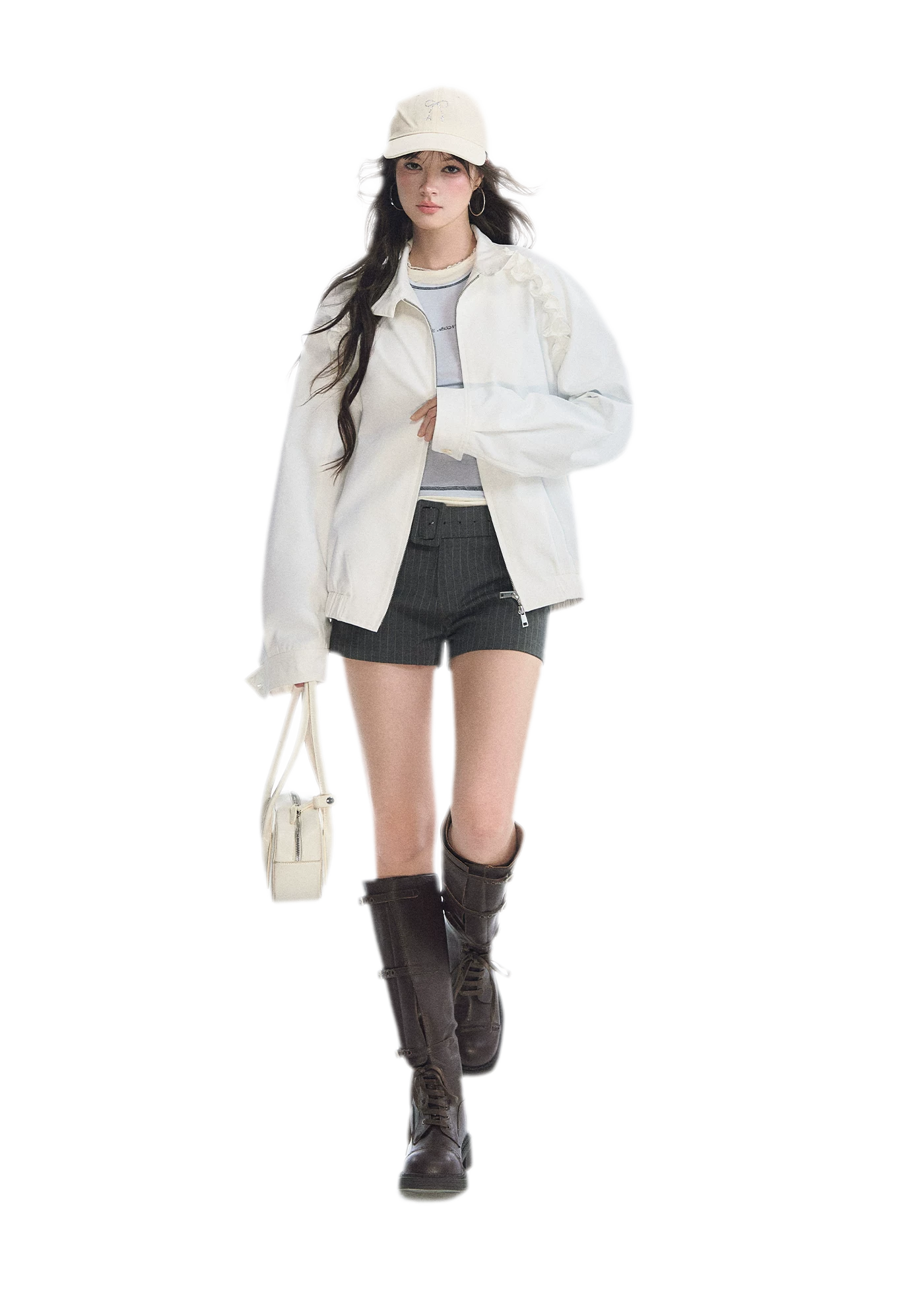 Ruffled Stand Collar Harrington Jacket