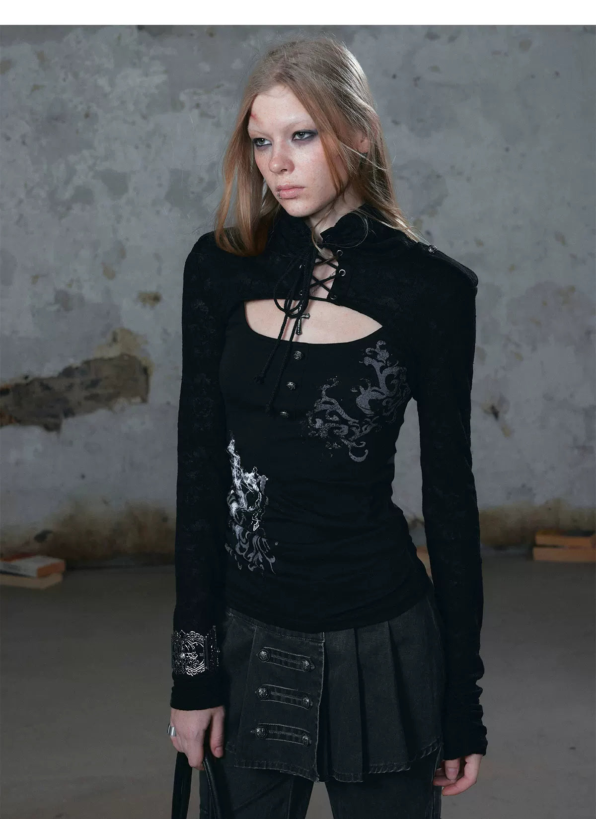 Silver Foil Gothic Lace-Up Top