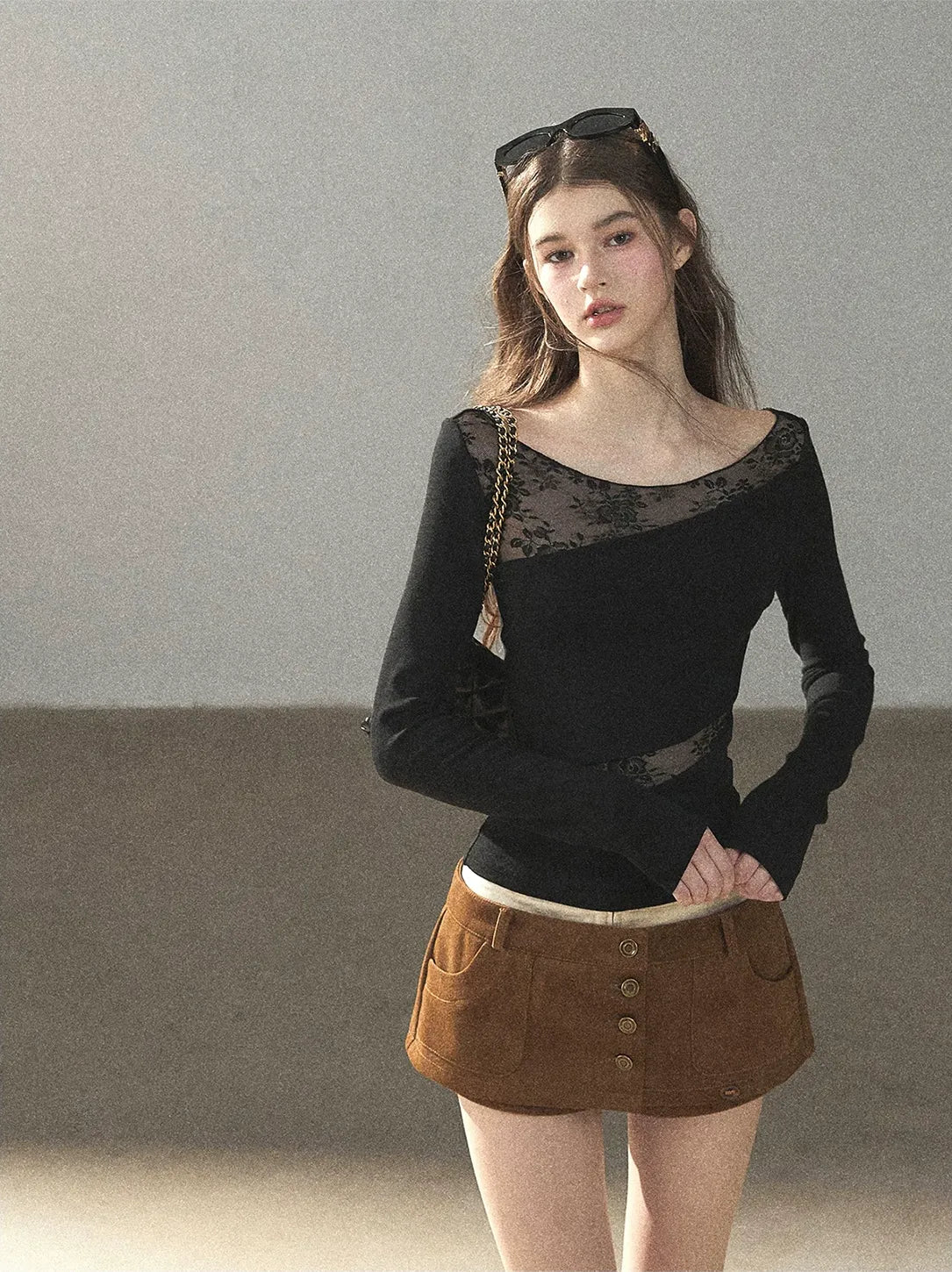 Lace Spliced Slim Fit Top