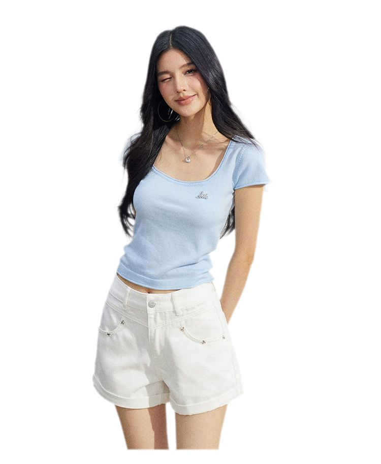 Embroidered Denim Shorts
