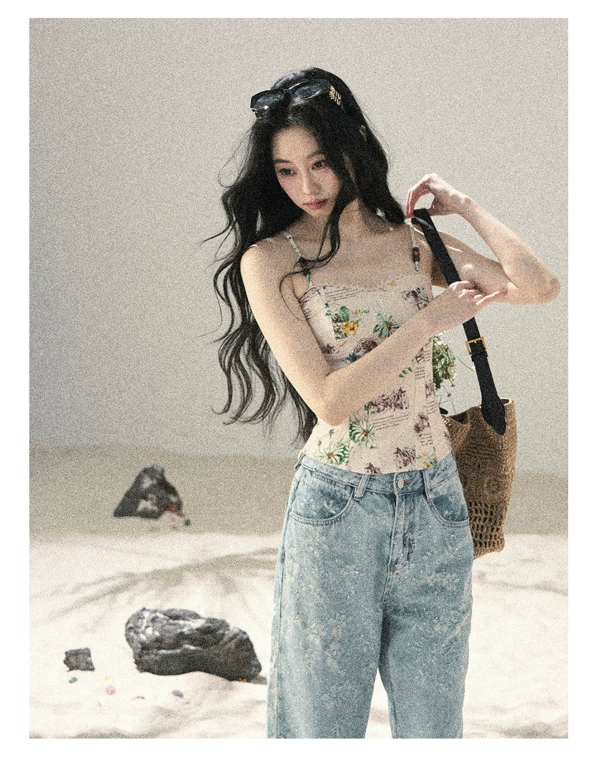 American Style Rhinestone Floral Denim Pants