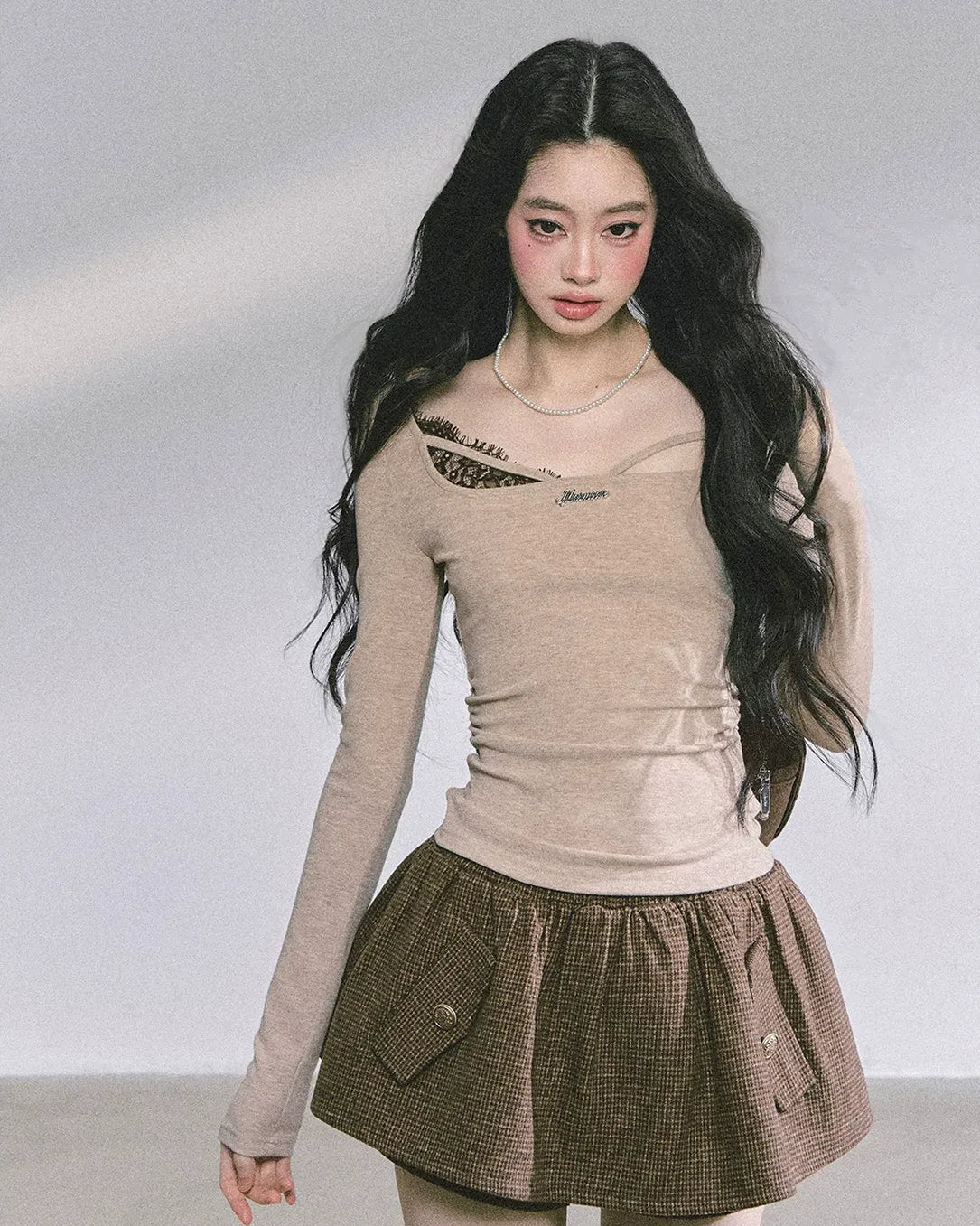 Lace Panel Fitted Long-Sleeve Top | Final Sale 2