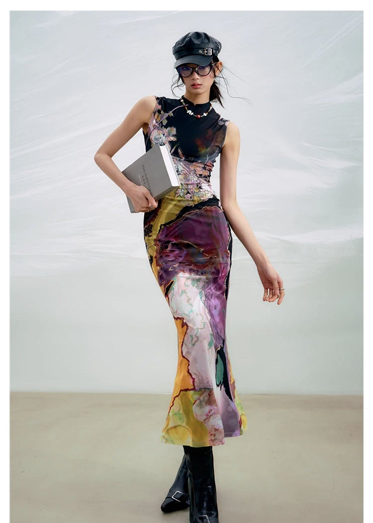 Tri-color Reversible Printed Qipao Dress