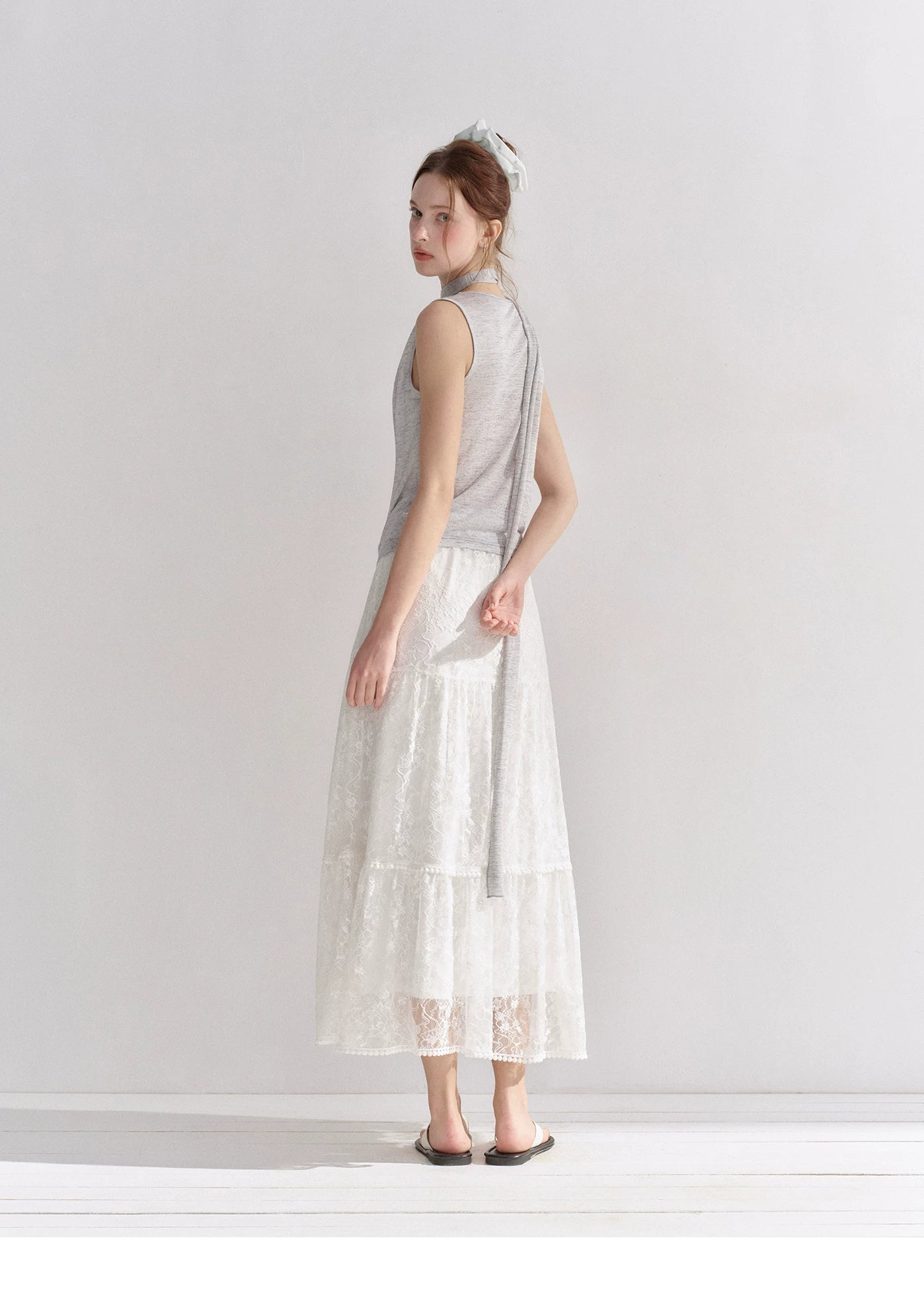 Lace Trim Elastic Waist A-line Long Skirt