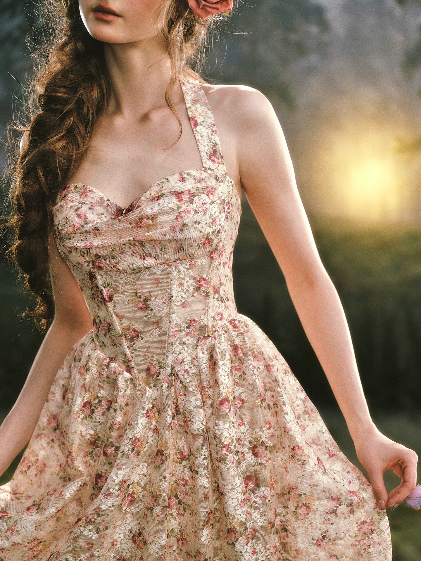 Forest Rose French Retro Floral Halter Long Dress