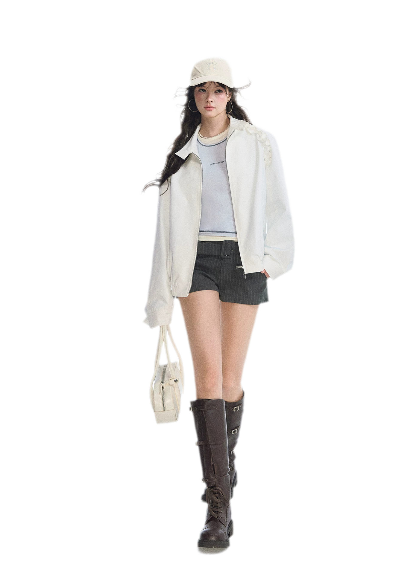 Ruffled Stand Collar Harrington Jacket