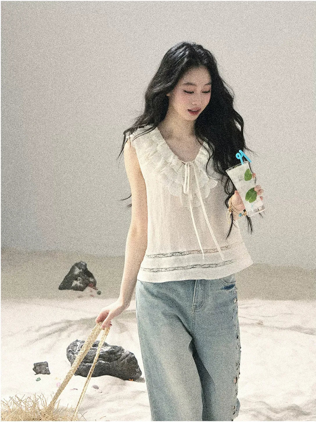Flowing Moonlight Lace Ruffle Short Blouse