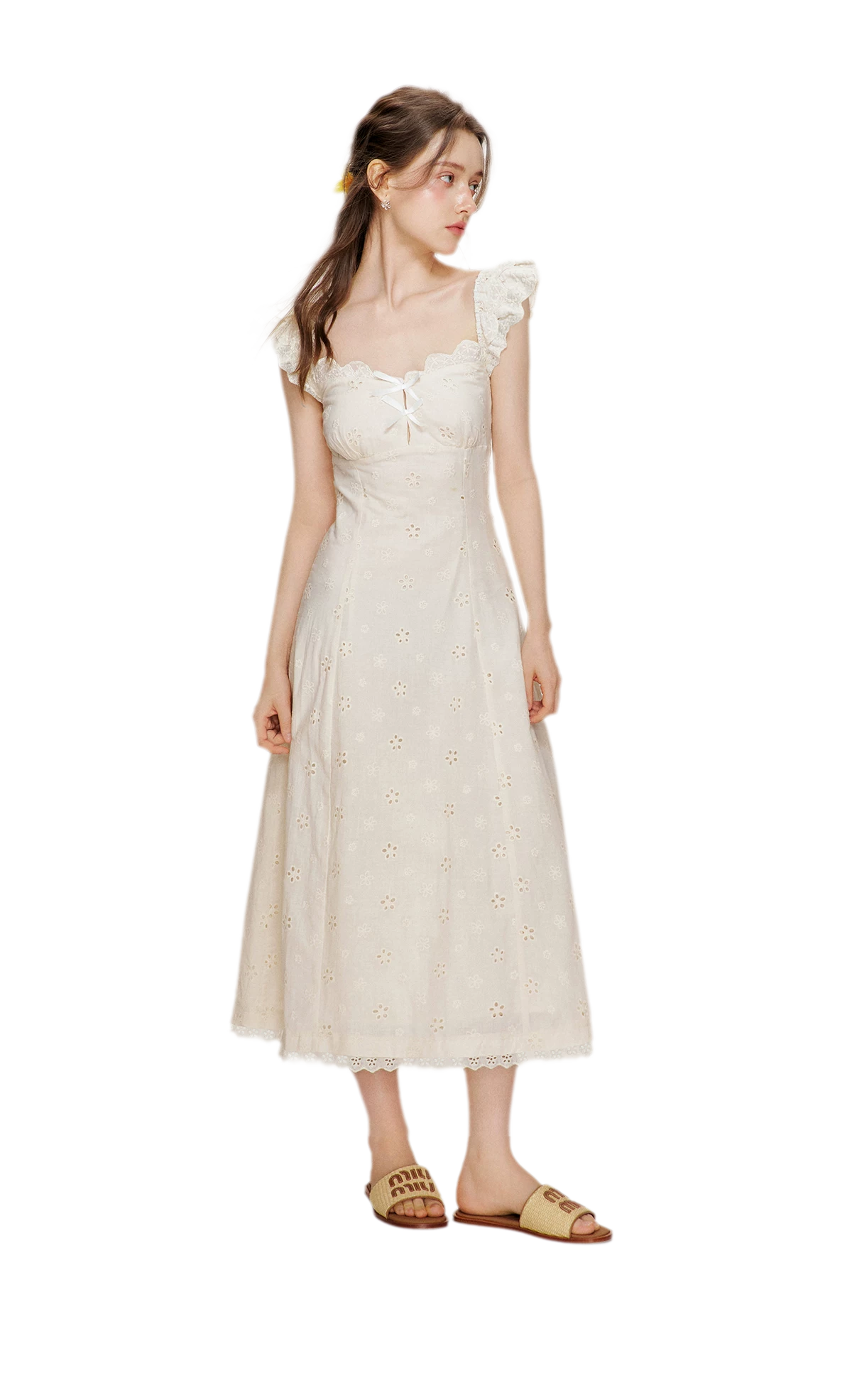 Embroidered Lace Flutter Sleeve Dress