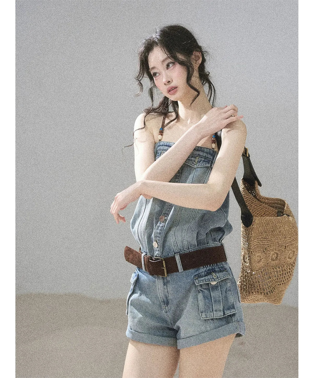 Washed Denim Jumpsuit Shorts