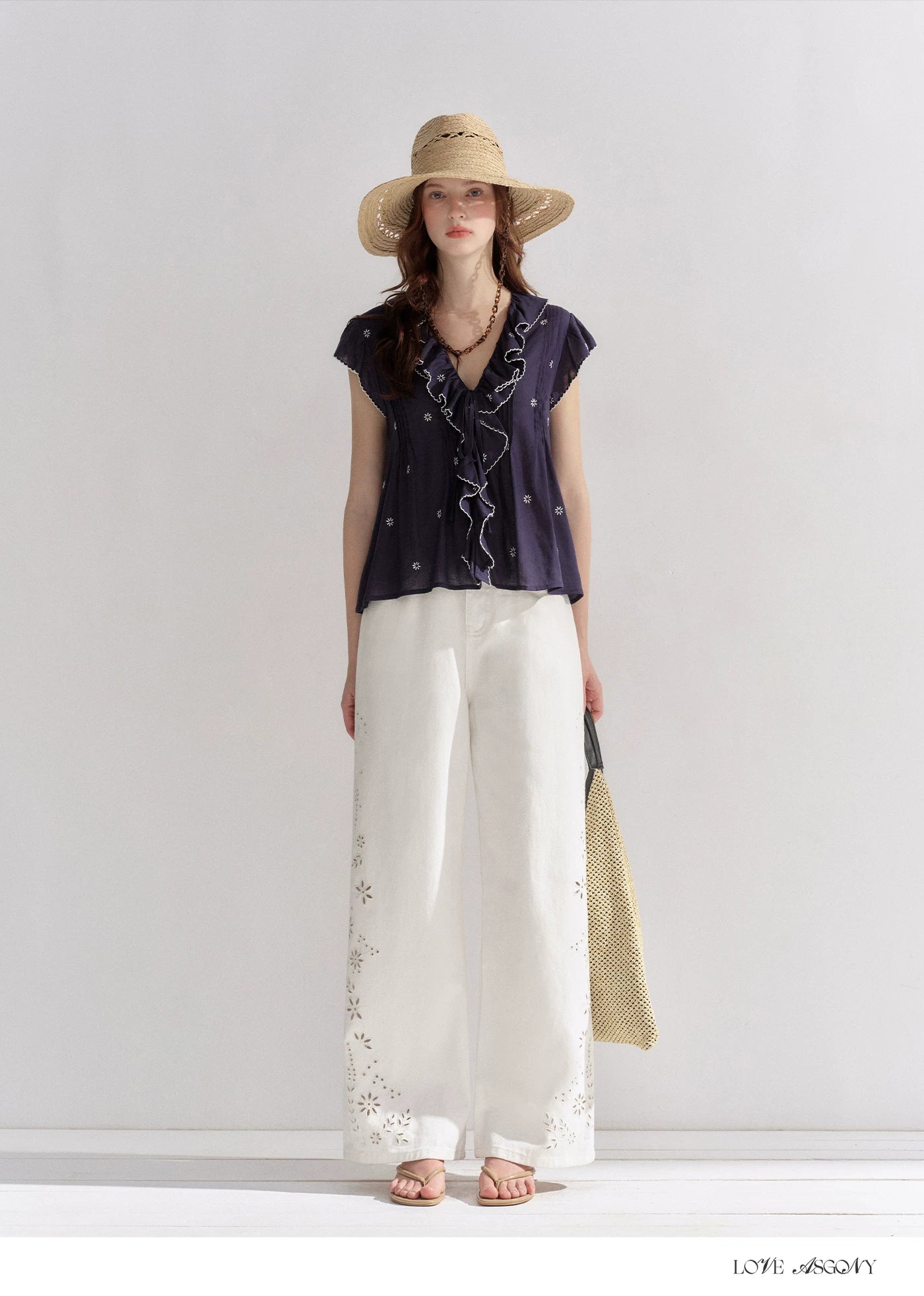 Cotton-Feel Embroidered Ruffle Sleeve Blouse