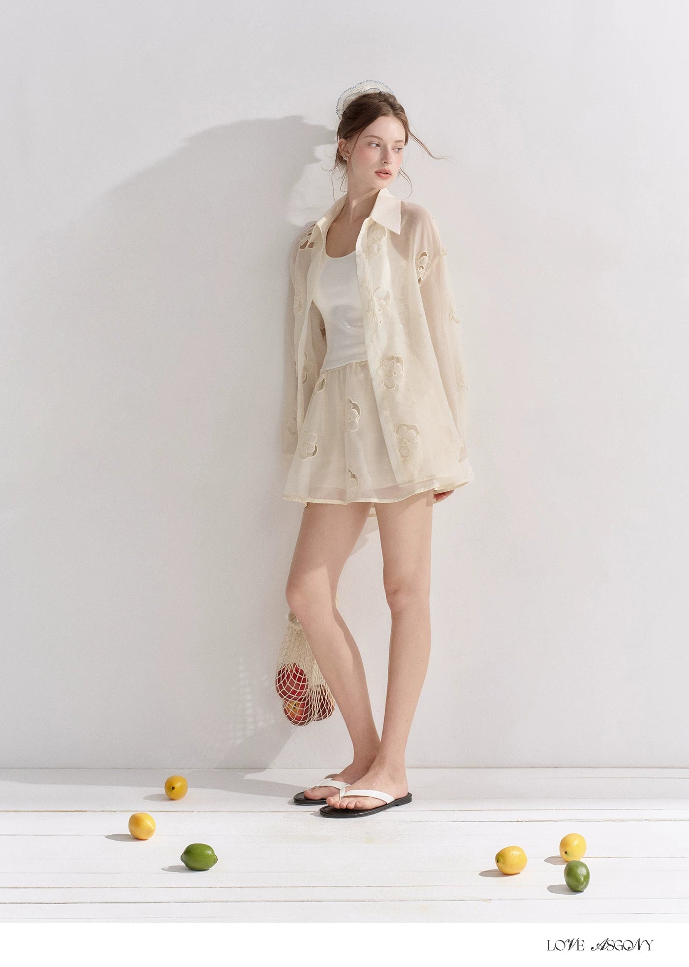 Hollow Floral Embroidered Polo Collar Two-Piece Set