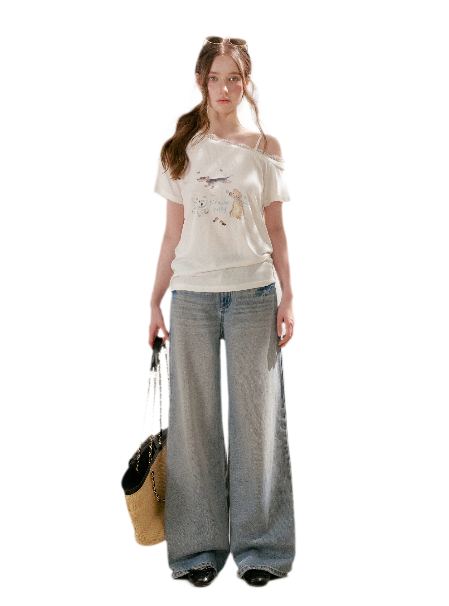 Tencel Cotton French Lace Puppy Print Asymmetric T-Shirt