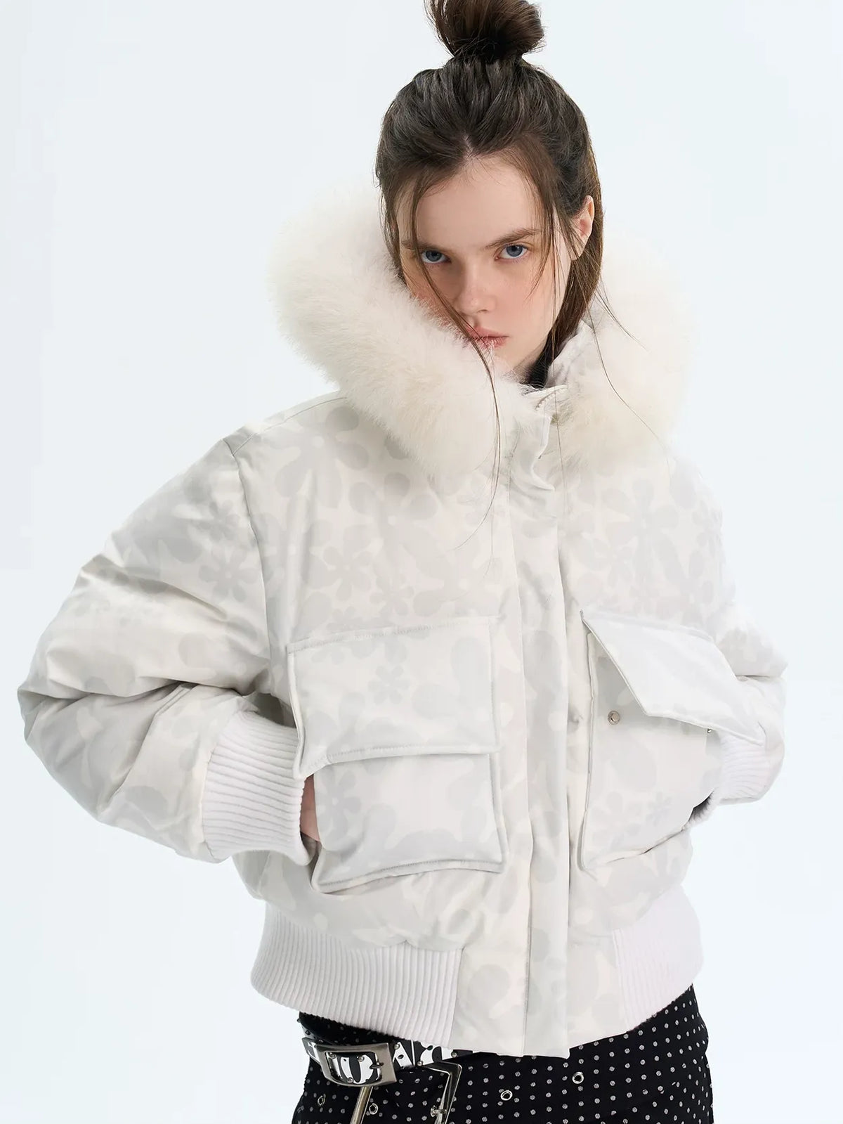 Printed Cropped Hooded Down Jacket