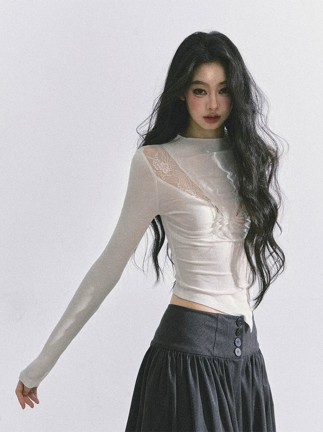 Lace Ruched Slim Fit Top
