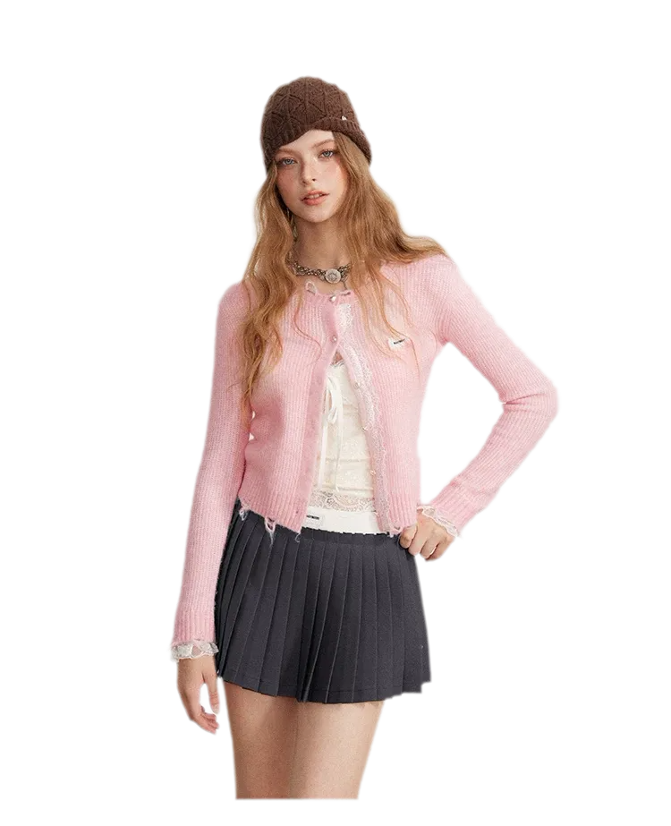 Lace Distressed Cropped Knit Sweater