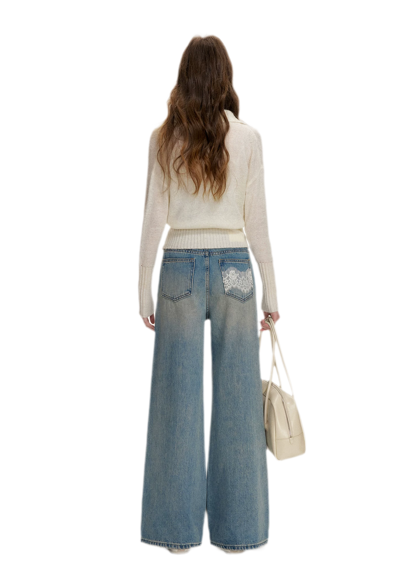 Lace-Trimmed Wide-Leg Denim Pants