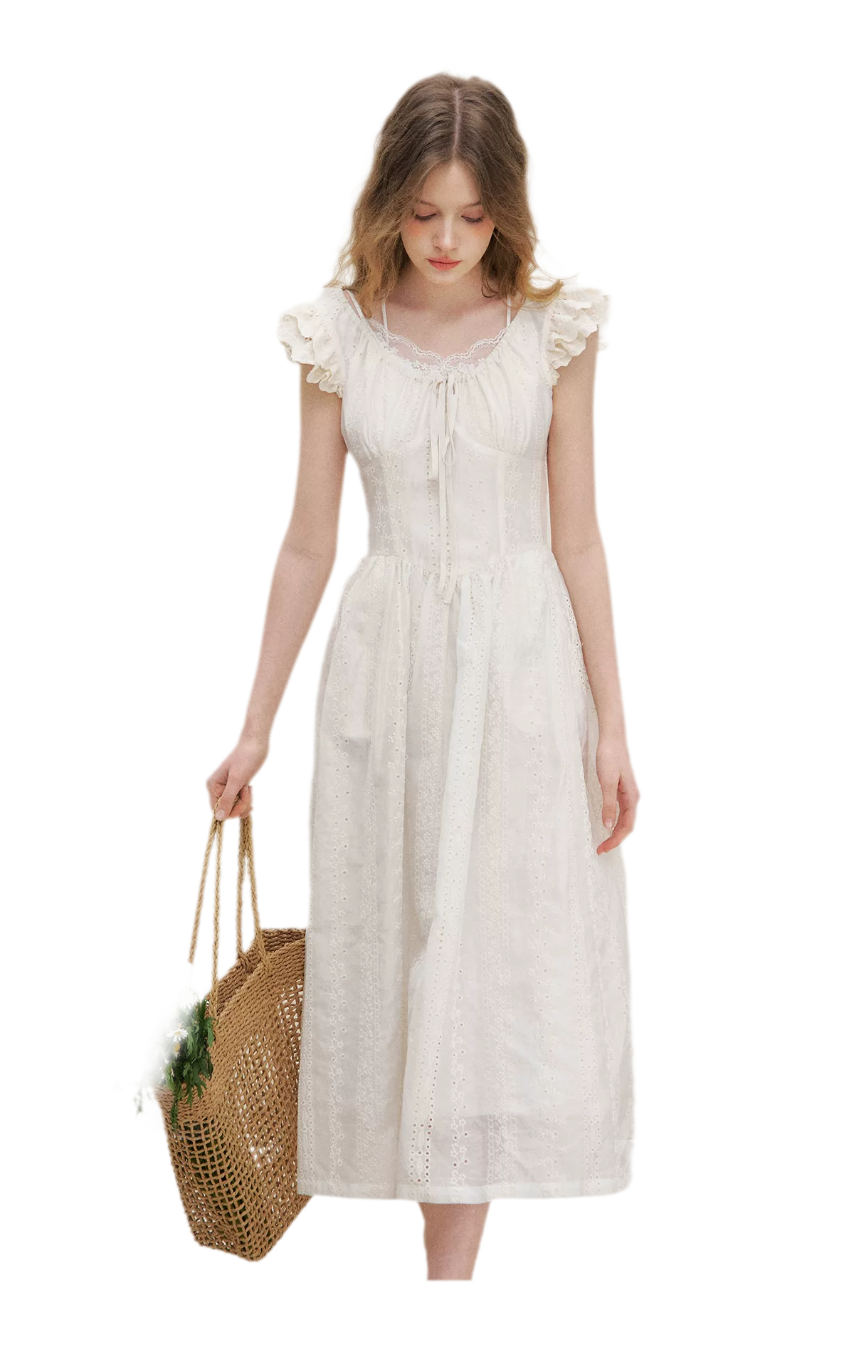 Embroidered Flutter Sleeve Dress
