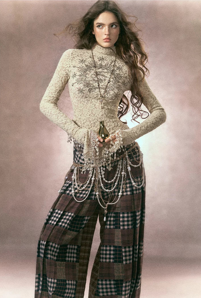 Rose Embellished High Neck Slim Lace Top