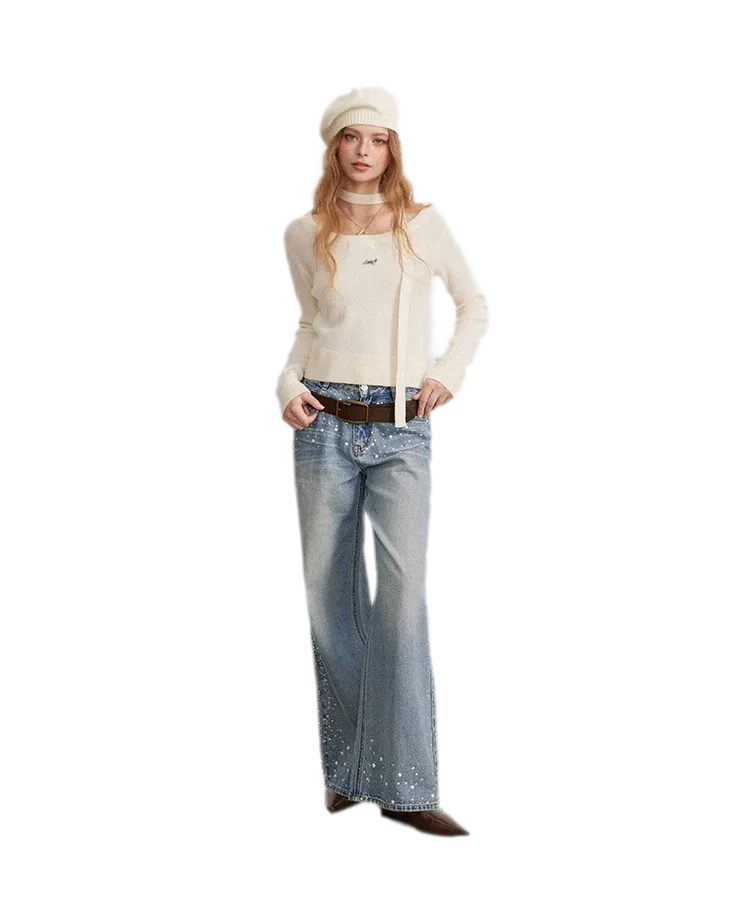 Rhinestone Pearl Wide-Leg Jeans