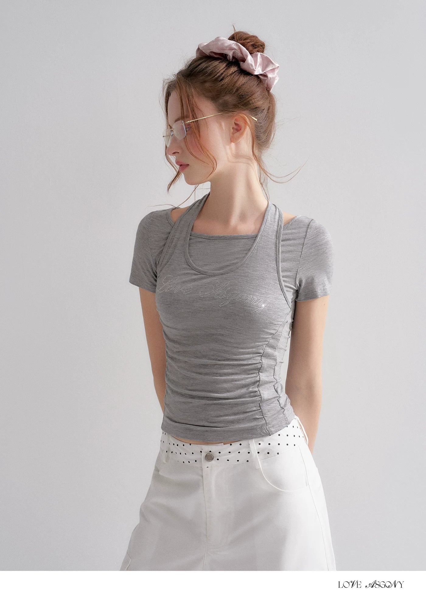 Lyocell Rhinestone Pleated Short Sleeve T-Shirt