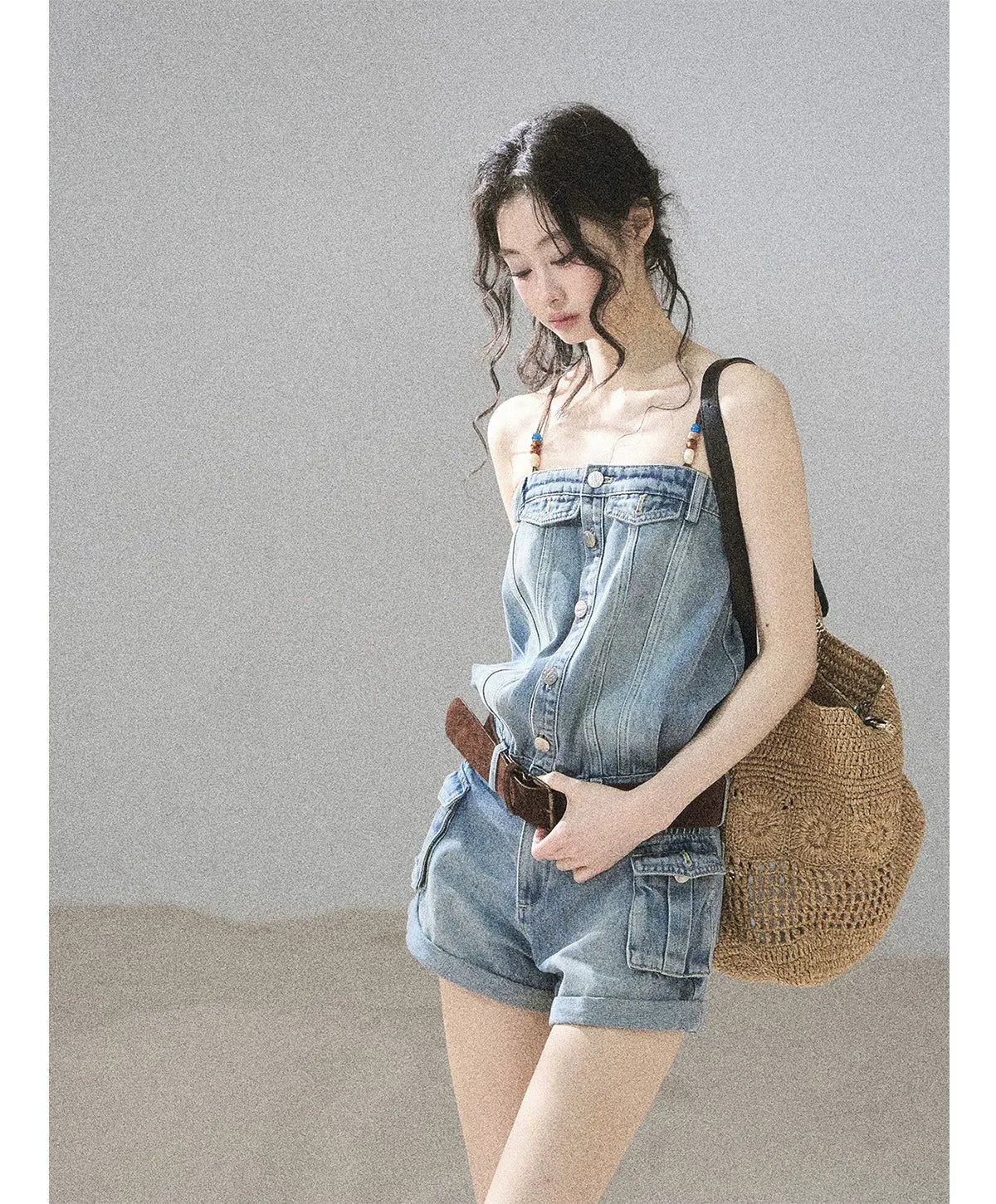 Washed Denim Jumpsuit Shorts
