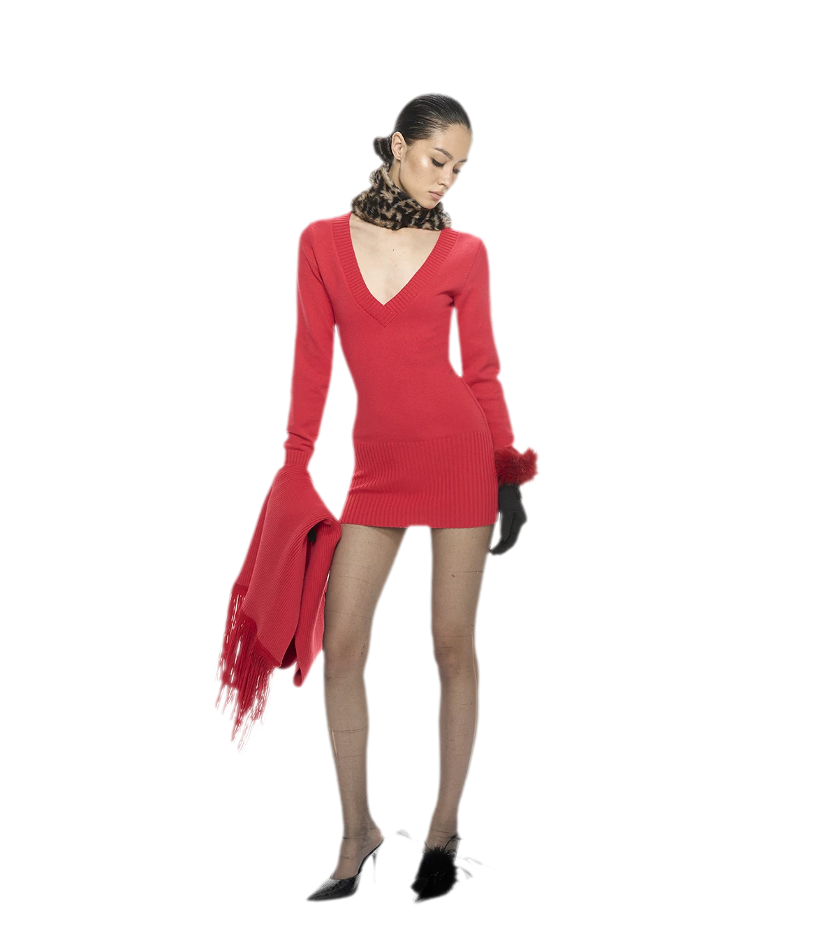 Deep V Fringe Knit Dress