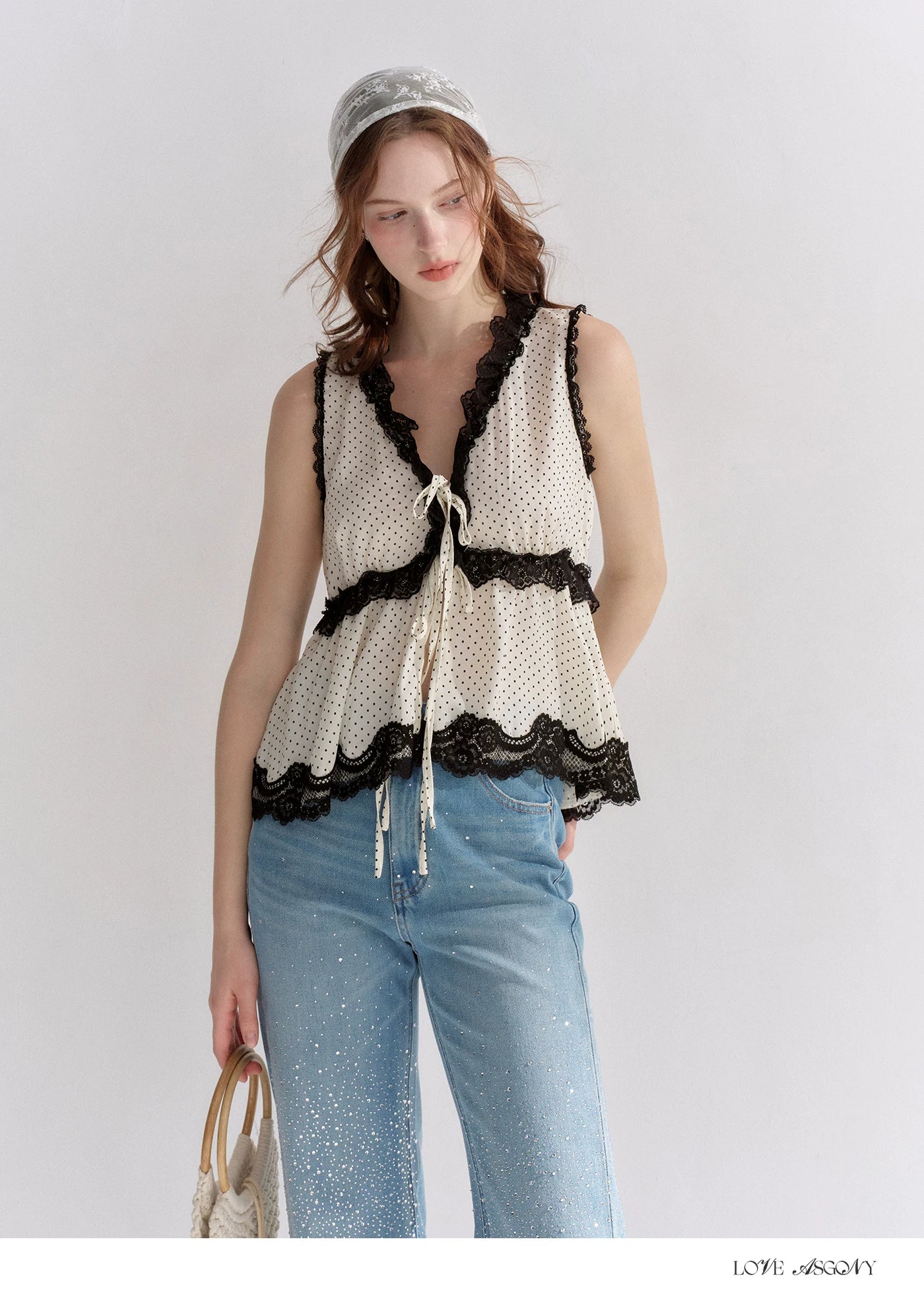 V-Neck Lace Polka Dot Waist-Defined Sleeveless Top