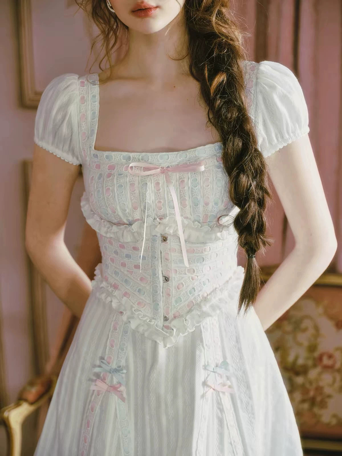 Jacquard Puff-Sleeve Corset Dress