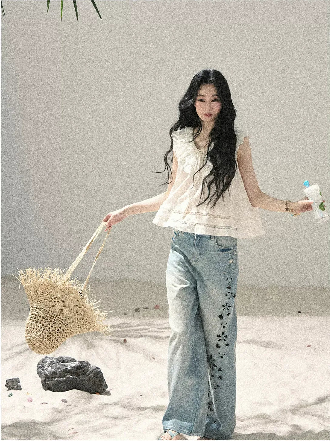 Flowing Moonlight Lace Ruffle Short Blouse