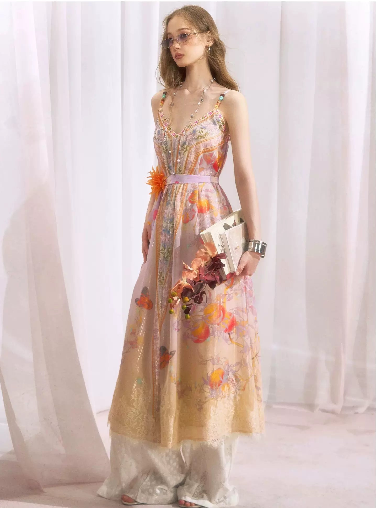 Peach Branch Print Metallic Chiffon Dress