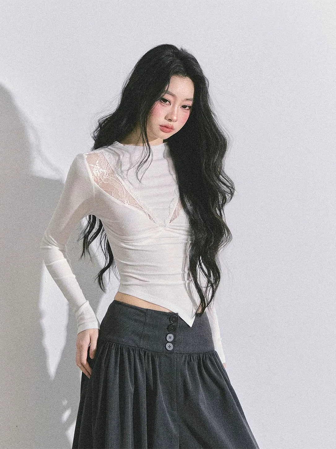 Lace Ruched Slim Fit Top
