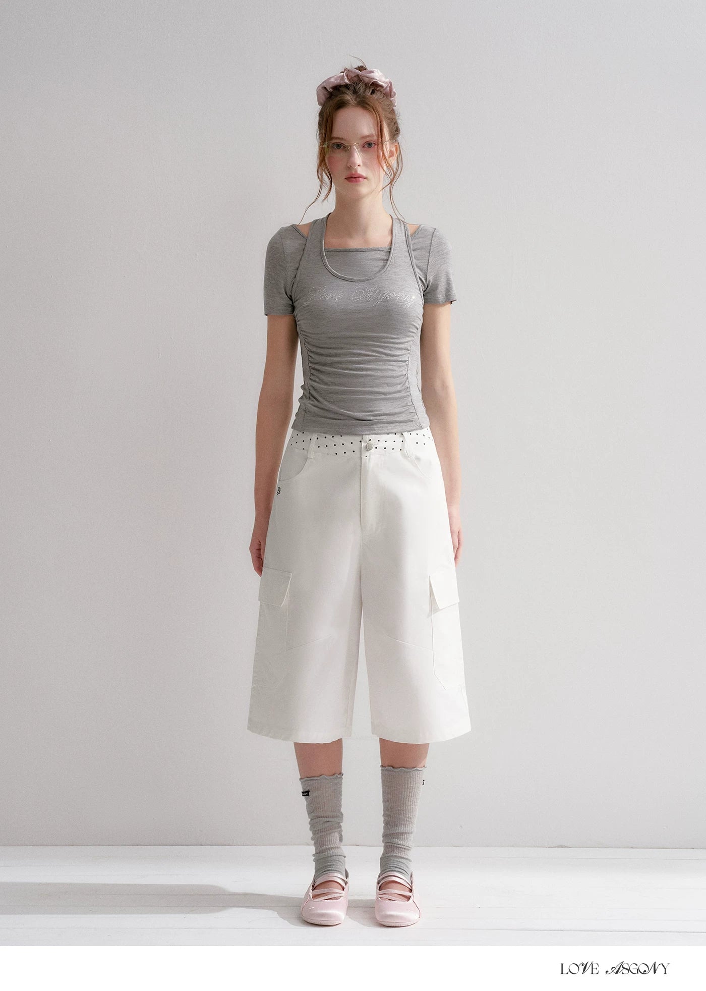 Lyocell Rhinestone Pleated Short Sleeve T-Shirt