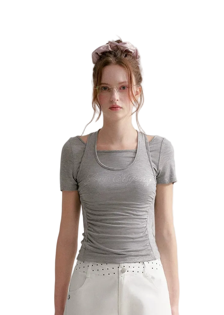 Lyocell Rhinestone Pleated Short Sleeve T-Shirt