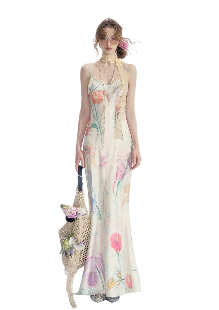 Botanical Print Bias-Cut Camisole Long Dress