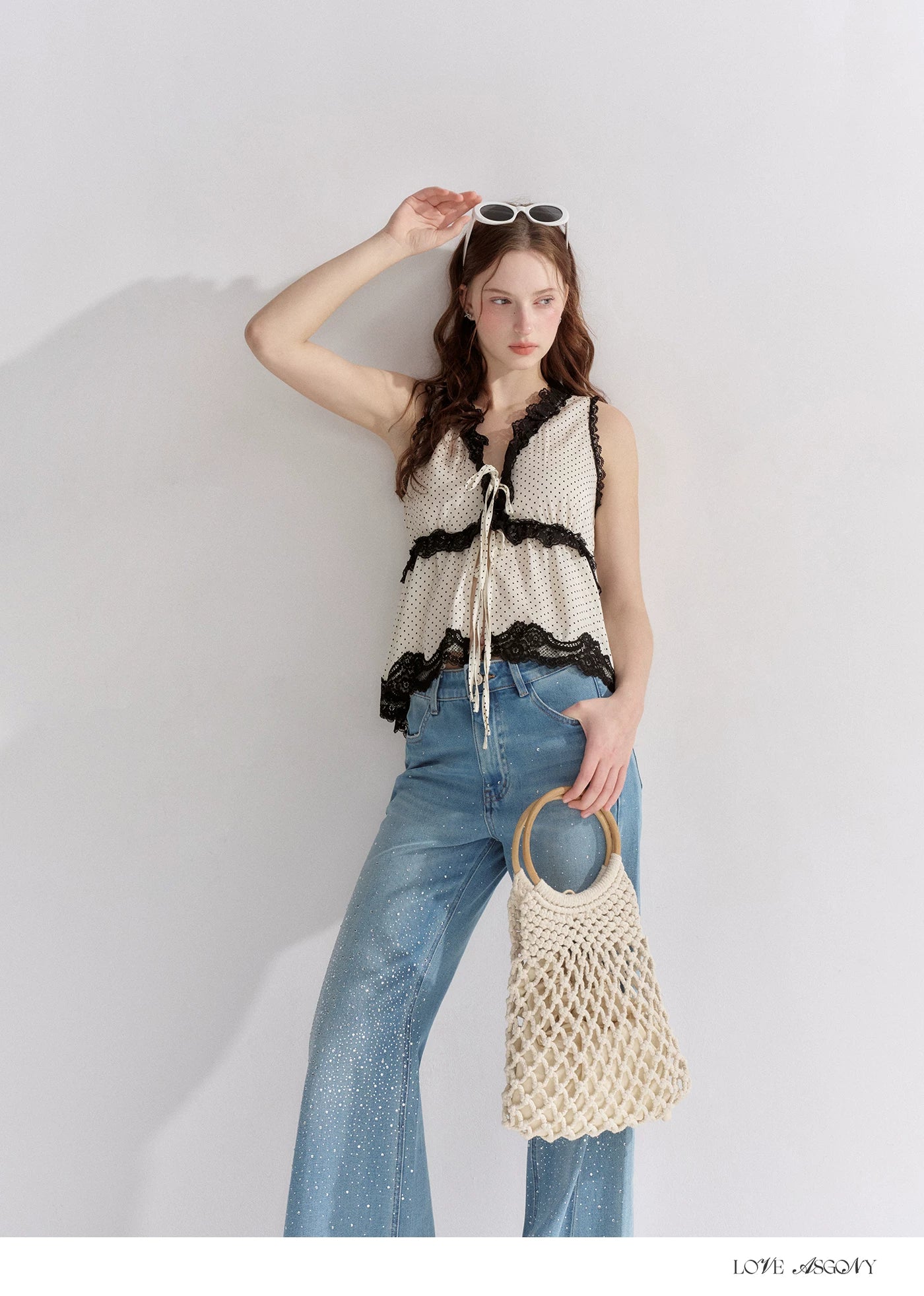 V-Neck Lace Polka Dot Waist-Defined Sleeveless Top