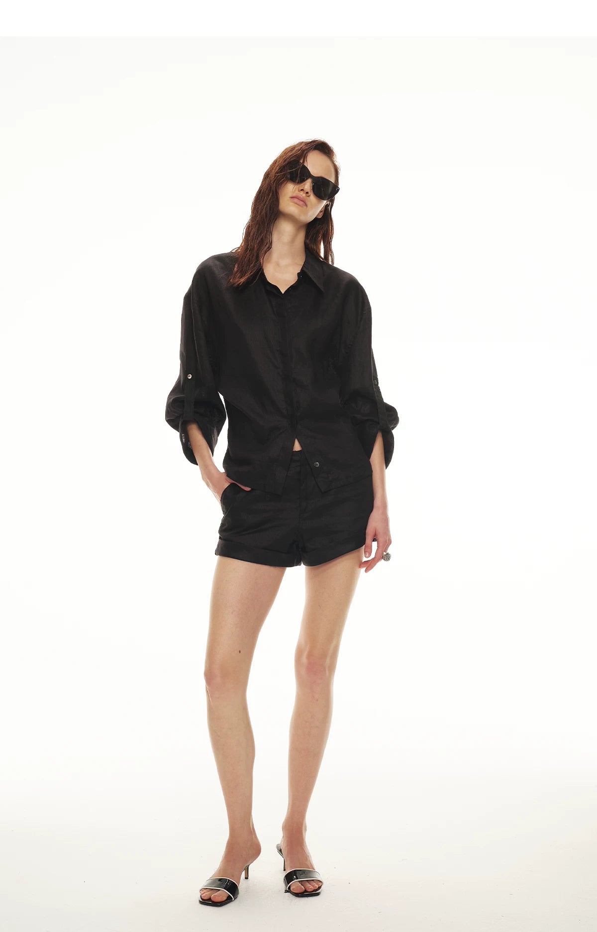 Linen Waist-Defined Shirt & Low-Rise Rolled Shorts Set
