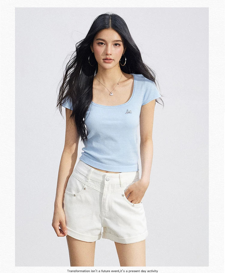 Candy Color U-Neck Short Sleeve T-Shirt