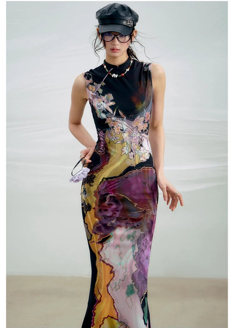 Tri-color Reversible Printed Qipao Dress