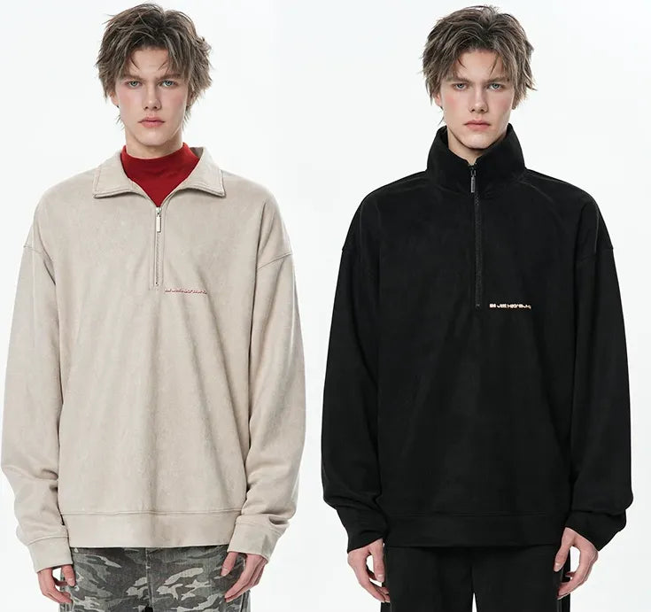 Faux Suede Oversize Polo Sweatshirt