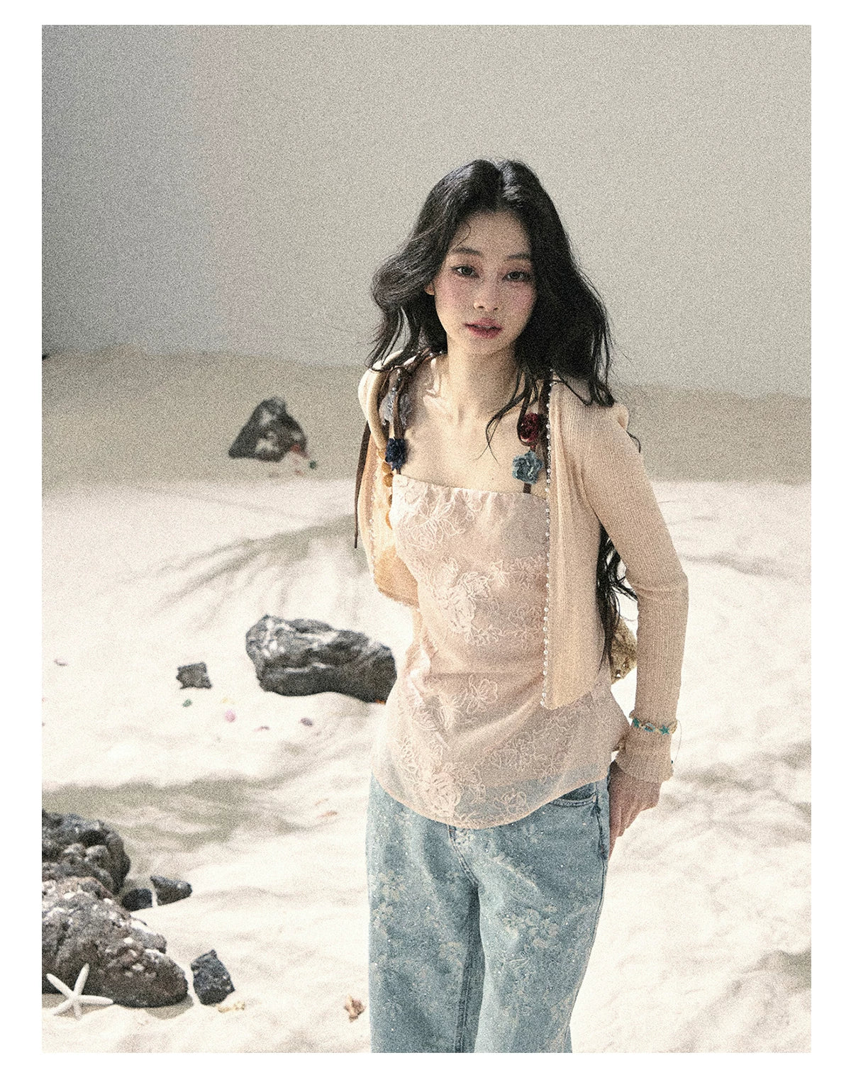 American Style Rhinestone Floral Denim Pants