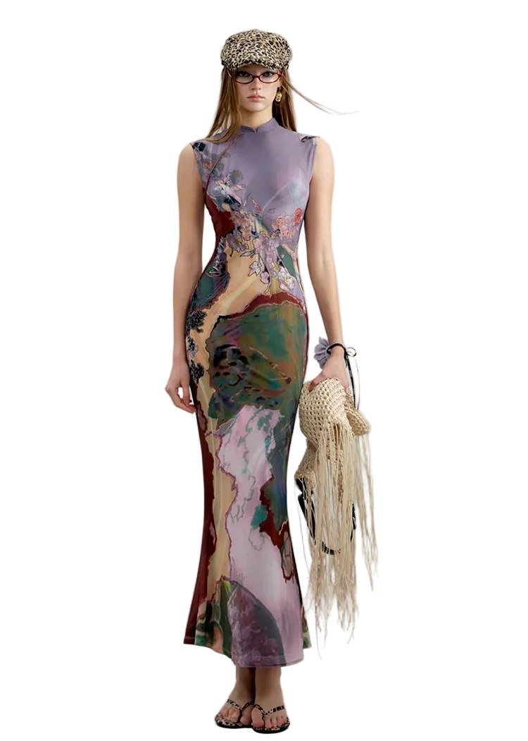 Tri-color Reversible Printed Qipao Dress