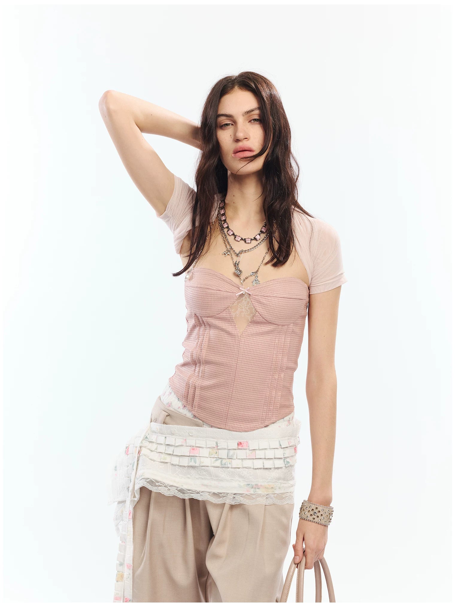 Lace Corset Two-Piece Set with Sheer Mesh