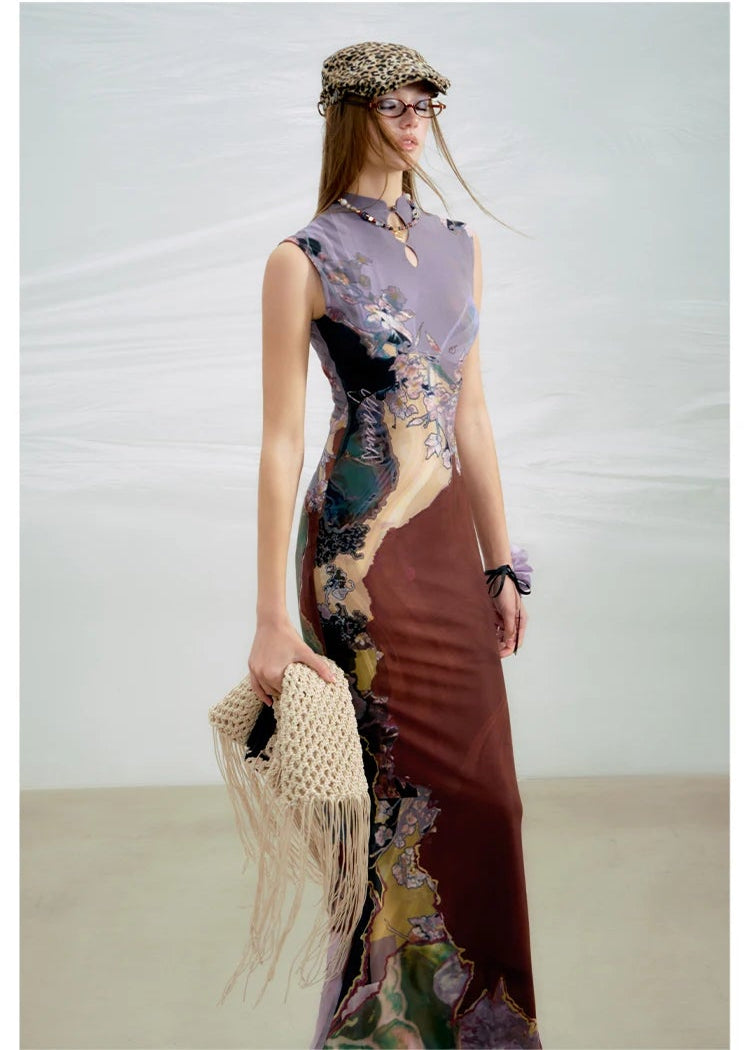 Tri-color Reversible Printed Qipao Dress