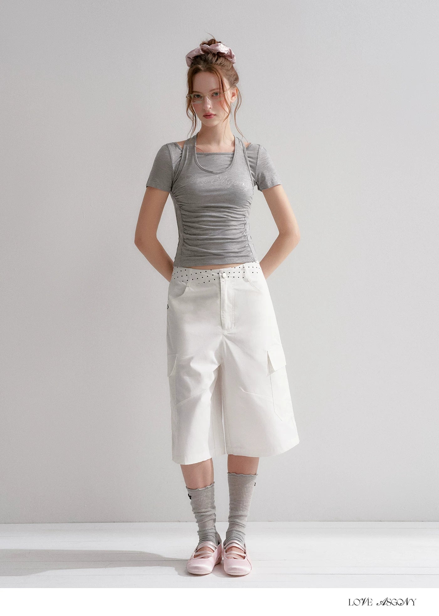 Lyocell Rhinestone Pleated Short Sleeve T-Shirt