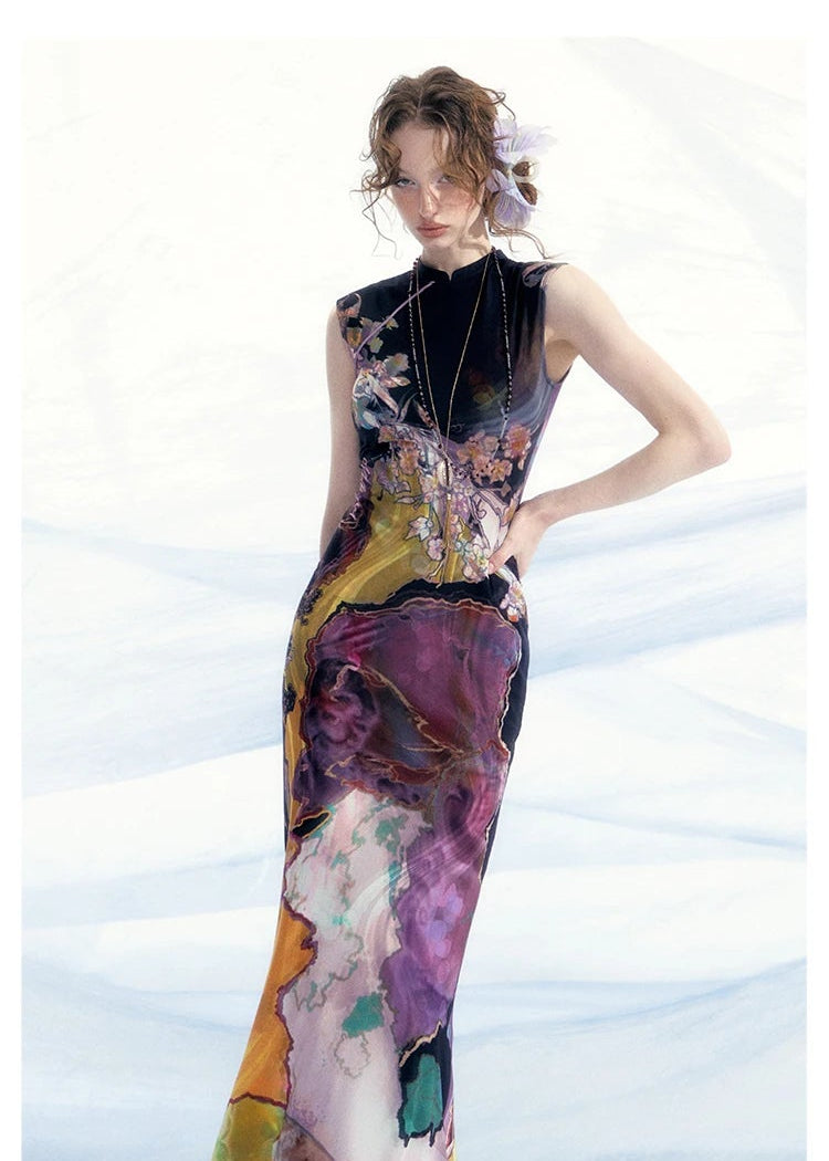 Tri-color Reversible Printed Qipao Dress