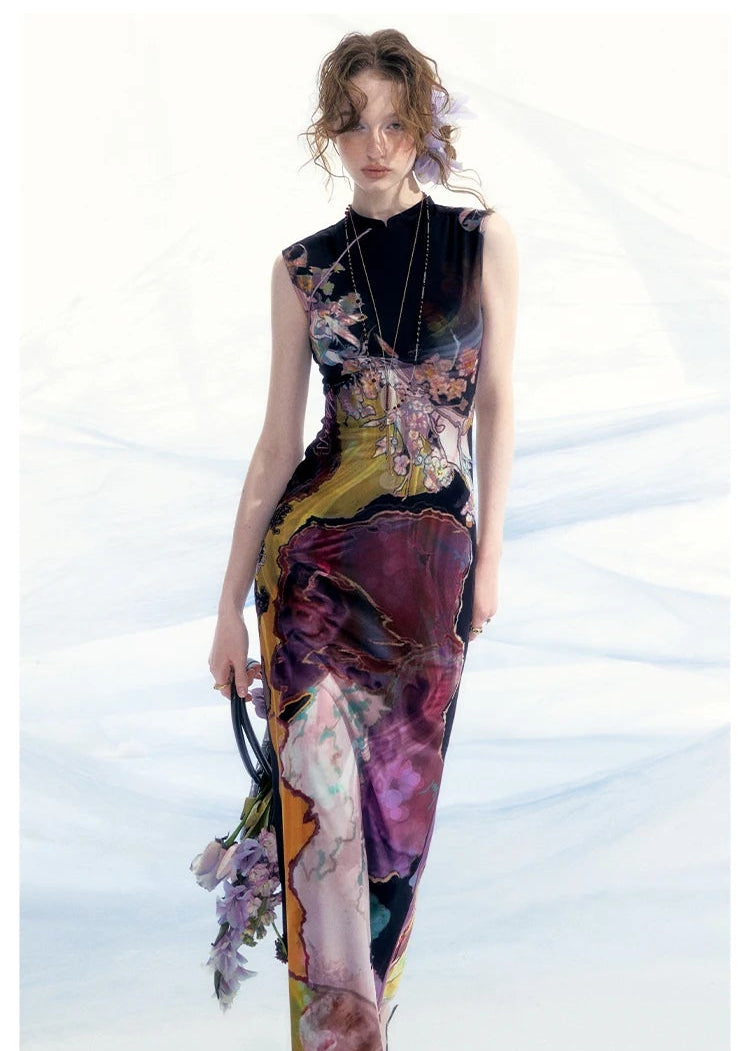 Tri-color Reversible Printed Qipao Dress