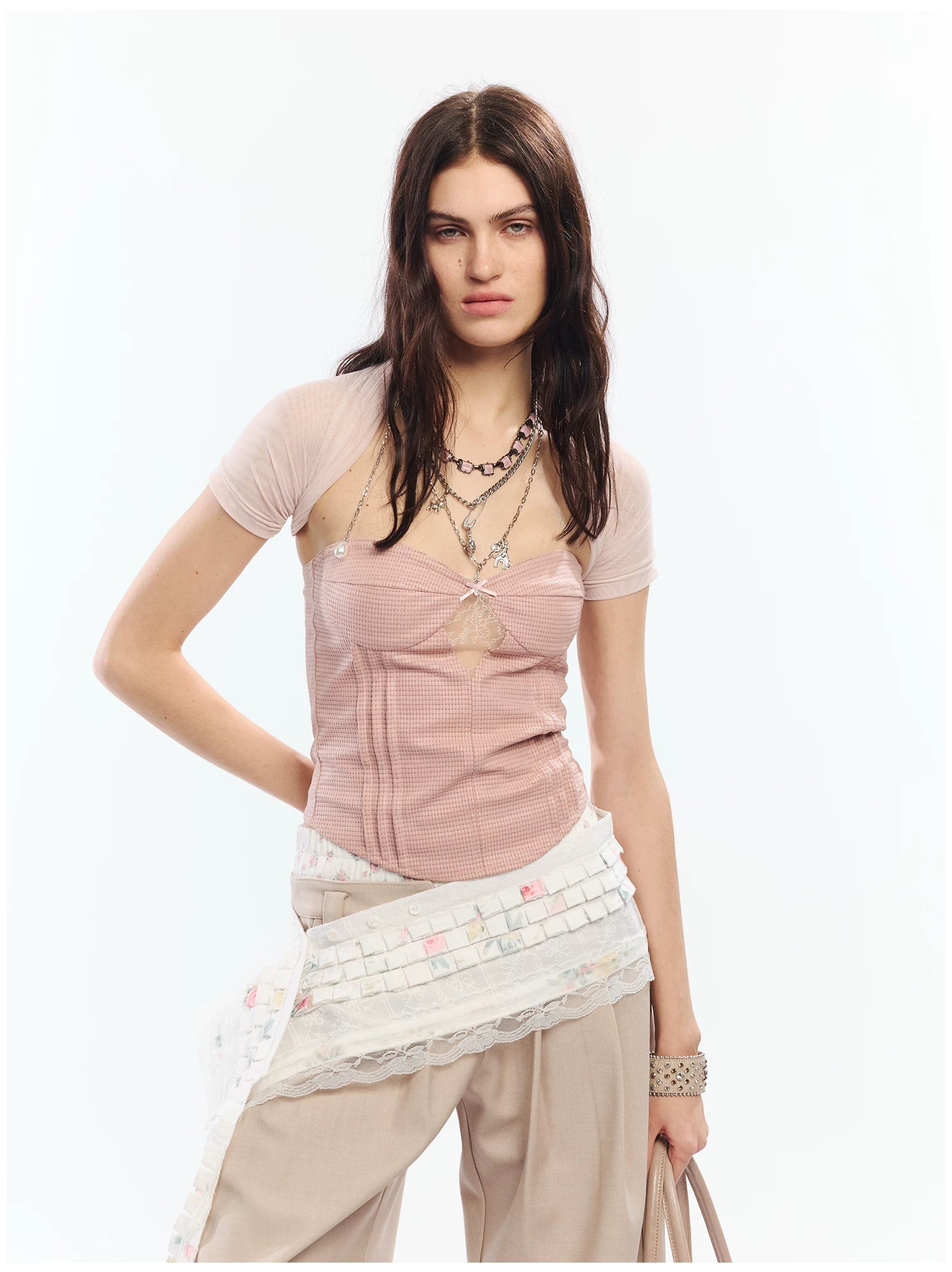Lace Corset Two-Piece Set with Sheer Mesh