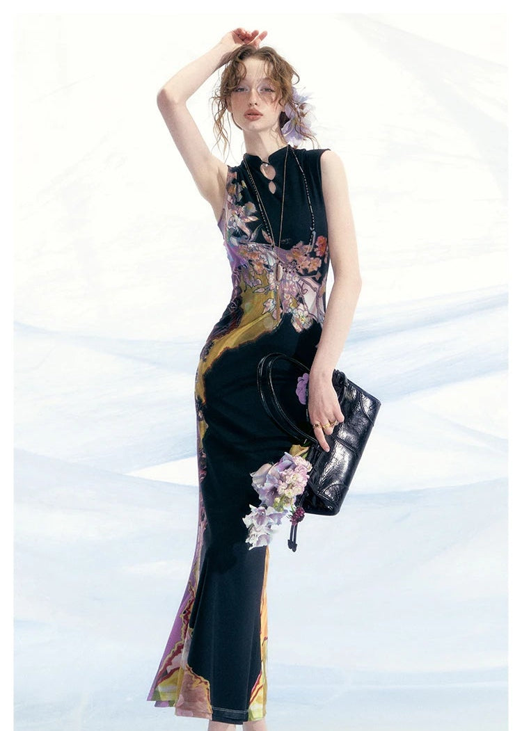 Tri-color Reversible Printed Qipao Dress