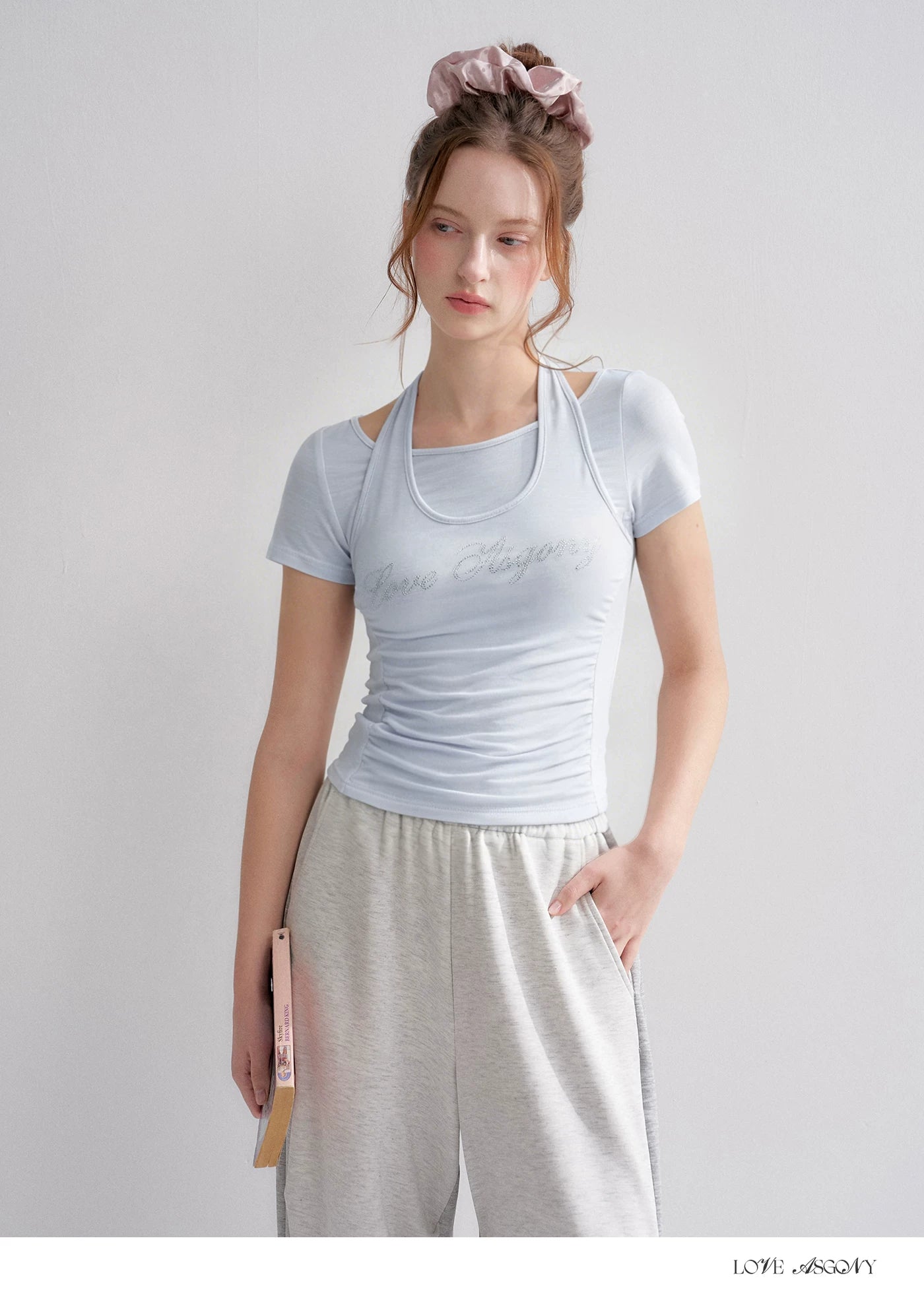 Lyocell Rhinestone Pleated Short Sleeve T-Shirt