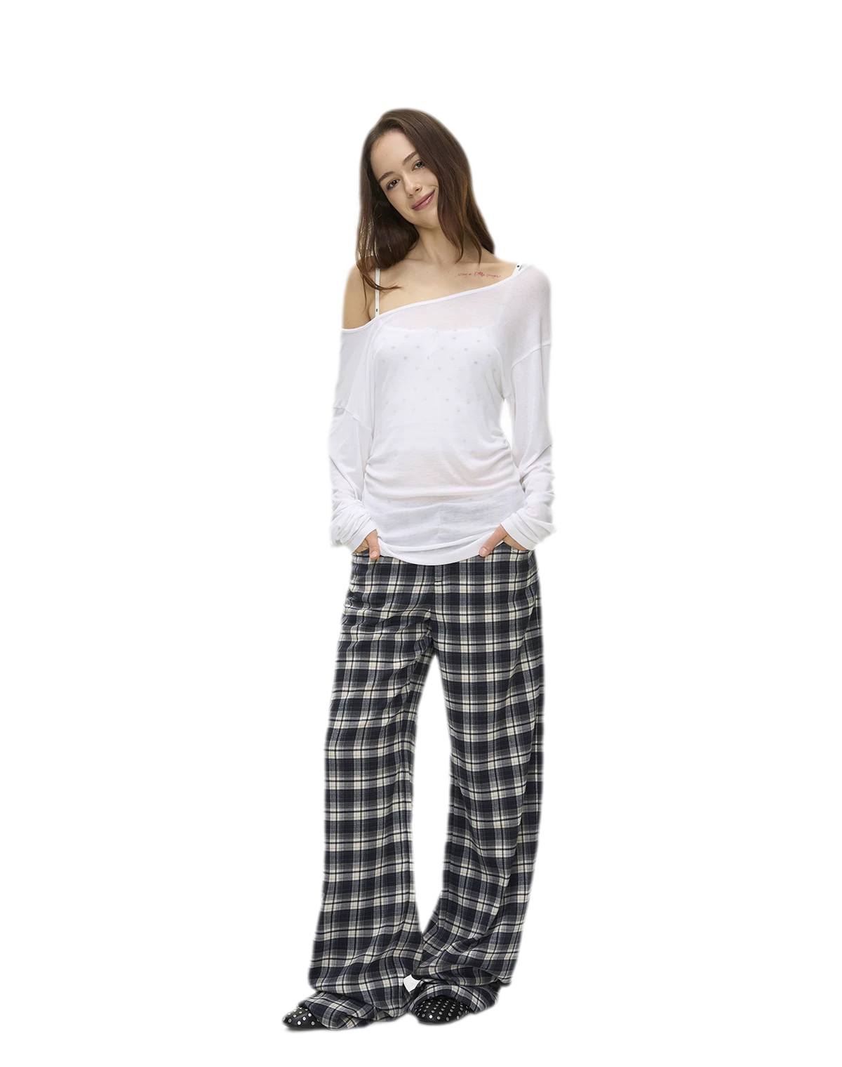 Brushed Plaid Wide-Leg Pants